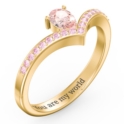 Pear Birthstone V-Shape Ring With Accents – 18K Gold Plated Silver with Morganite and Fancy Pink Premium Zirconia