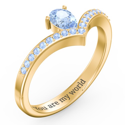 Pear Birthstone V-Shape Ring With Accents – 18K Gold Plated Silver with Aquamarine and Fancy Blue Premium Zirconia