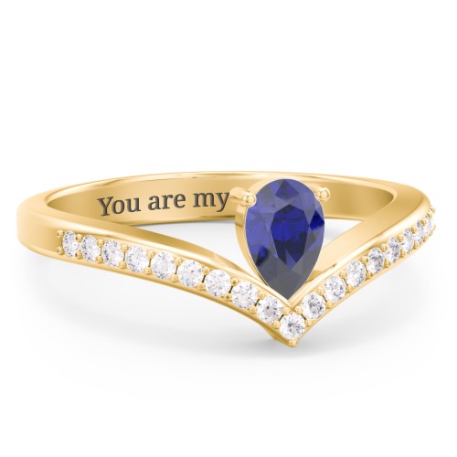 Pear Birthstone V-Shape Ring With Accents – 18K Gold Plated Silver with Blue Sapphire and White Premium Zirconia