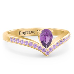 Pear Birthstone V-Shape Ring With Accents in 18K Gold Plated Silver with Amethyst and Amethyst Premium Zirconia