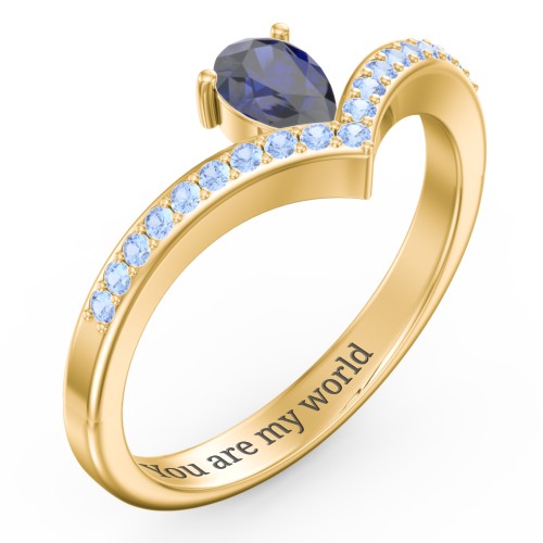 Pear Birthstone V-Shape Ring With Accents – 18K Gold Plated Silver with Blue Sapphire and Fancy Blue Premium Zirconia