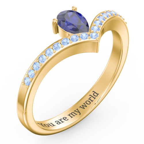 Pear Birthstone V-Shape Ring With Accents – 18K Gold Plated Silver with Blue Sapphire and Fancy Blue Premium Zirconia
