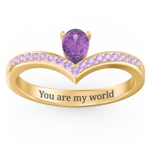 Pear Birthstone V-Shape Ring With Accents – 18K Gold Plated Silver with Amethyst and Amethyst Premium Zirconia