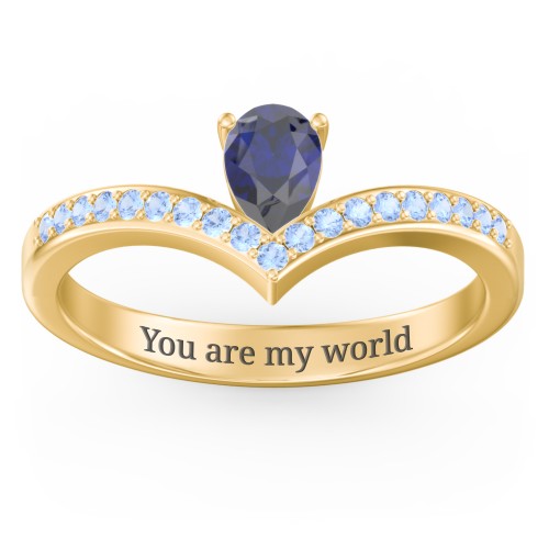 Pear Birthstone V-Shape Ring With Accents – 18K Gold Plated Silver with Blue Sapphire and Fancy Blue Premium Zirconia