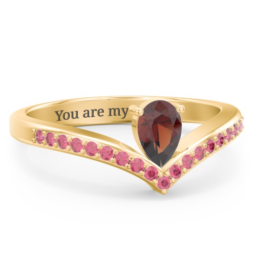 Pear Birthstone V-Shape Ring With Accents – 18K Gold Plated Silver with Garnet and Red Premium Zirconia