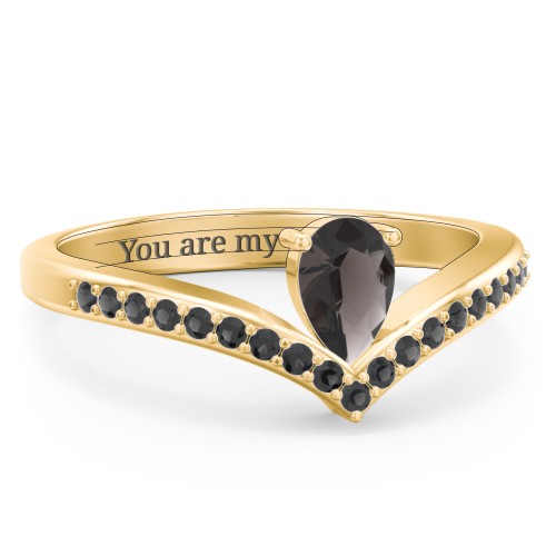 Pear Birthstone V-Shape Ring With Accents – 18K Gold Plated Silver with Smokey Quartz and Black Premium Zirconia