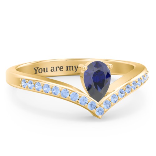 Pear Birthstone V-Shape Ring With Accents – 18K Gold Plated Silver with Blue Sapphire and Fancy Blue Premium Zirconia