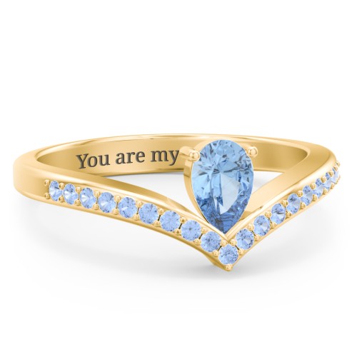 Pear Birthstone V-Shape Ring With Accents – 18K Gold Plated Silver with Blue Topaz and Fancy Blue Premium Zirconia
