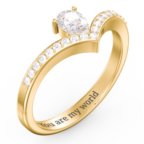 Pear Birthstone V-Shape Ring With Accents – 10K Yellow Gold with Cubic Zirconia and White Premium Zirconia