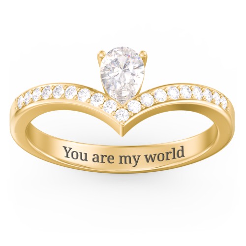 Pear Birthstone V-Shape Ring With Accents – 10K Yellow Gold with Cubic Zirconia and White Premium Zirconia