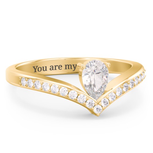 Pear Birthstone V-Shape Ring With Accents – 10K Yellow Gold with Cubic Zirconia and White Premium Zirconia