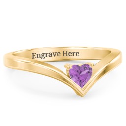 Heart Birthstone V-Shape Ring in 18K Gold Plated Silver with Amethyst