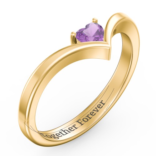 Heart Birthstone V-Shape Ring – 18K Gold Plated Silver with Amethyst