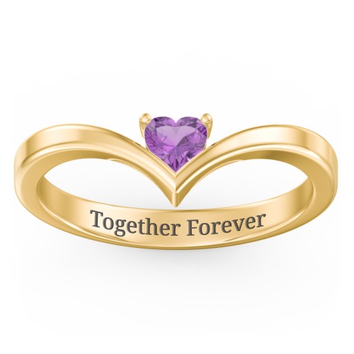 Heart Birthstone V-Shape Ring – 18K Gold Plated Silver with Amethyst