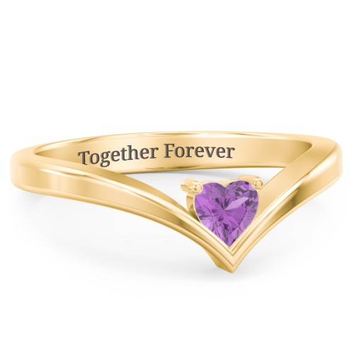 Heart Birthstone V-Shape Ring – 18K Gold Plated Silver with Amethyst
