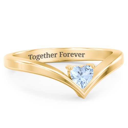 Heart Birthstone V-Shape Ring – 18K Gold Plated Silver with Aquamarine