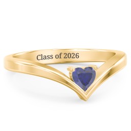 Heart Birthstone V-Shape Ring in 18K Gold Plated Silver with Blue Sapphire