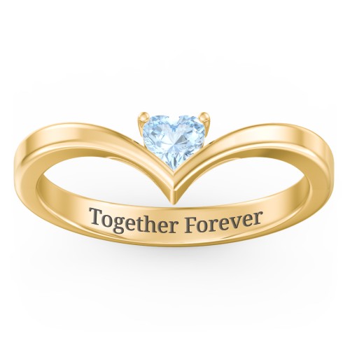 Heart Birthstone V-Shape Ring – 18K Gold Plated Silver with Aquamarine
