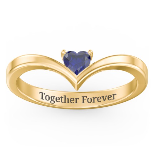 Heart Birthstone V-Shape Ring – 18K Gold Plated Silver with Blue Sapphire
