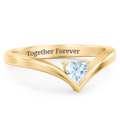 Heart Birthstone V-Shape Ring – 18K Gold Plated Silver with Aquamarine