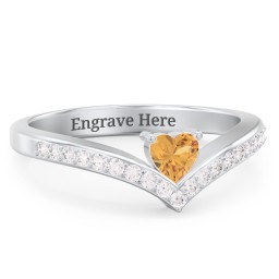 Heart Birthstone V-Shape Ring With Accents