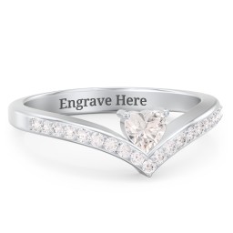 Heart Birthstone V-Shape Ring With Accents in 925 Sterling Silver with Cubic Zirconia and White Premium Zirconia