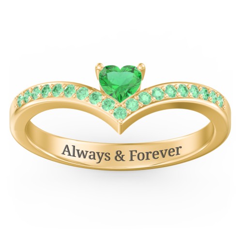 Heart Birthstone V-Shape Ring With Accents – 18K Gold Plated Silver with Emerald and Green Premium Zirconia