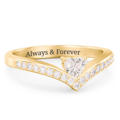 Heart Birthstone V-Shape Ring With Accents – 18K Gold Plated Silver with Cubic Zirconia and White Premium Zirconia