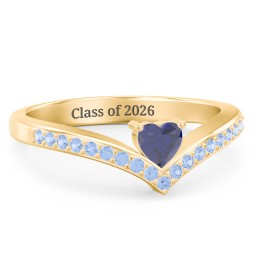 Heart Birthstone V-Shape Ring With Accents in 18K Gold Plated Silver with Blue Sapphire and Fancy Blue Premium Zirconia