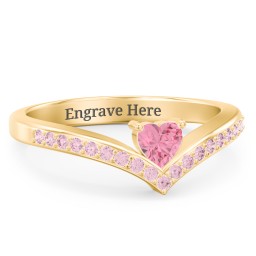 Heart Birthstone V-Shape Ring With Accents in 18K Gold Plated Silver with Pink Tourmaline and Fancy Pink Premium Zirconia
