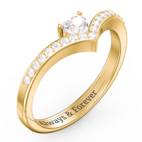 Heart Birthstone V-Shape Ring With Accents – 18K Gold Plated Silver with Cubic Zirconia and White Premium Zirconia