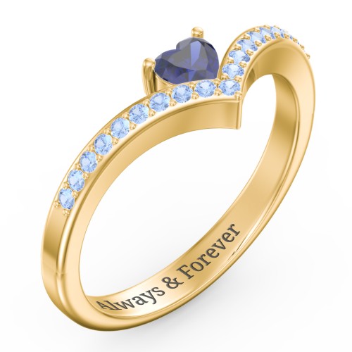 Heart Birthstone V-Shape Ring With Accents – 18K Gold Plated Silver with Blue Sapphire and Fancy Blue Premium Zirconia