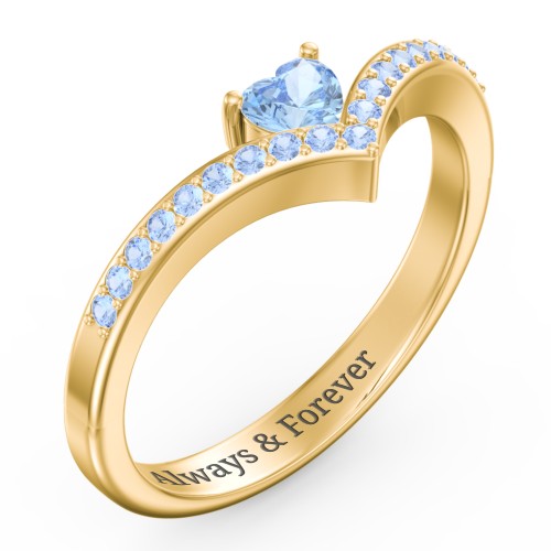 Heart Birthstone V-Shape Ring With Accents – 18K Gold Plated Silver with Blue Topaz and Fancy Blue Premium Zirconia