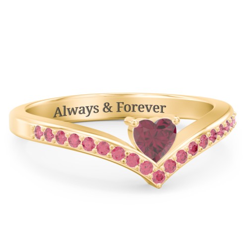 Heart Birthstone V-Shape Ring With Accents – 18K Gold Plated Silver with Ruby and Red Premium Zirconia