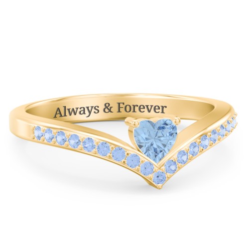 Heart Birthstone V-Shape Ring With Accents – 18K Gold Plated Silver with Blue Topaz and Fancy Blue Premium Zirconia