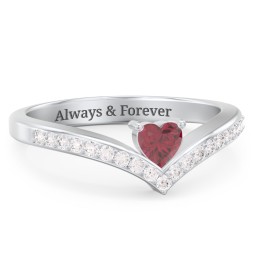 Heart Birthstone V-Shape Ring With Accents in 925 Sterling Silver with Ruby and White Premium Zirconia
