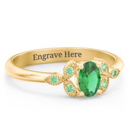 Oval Birthstone Ring With Petal Accents in 18K Gold Plated Silver with Emerald and Green Premium Zirconia