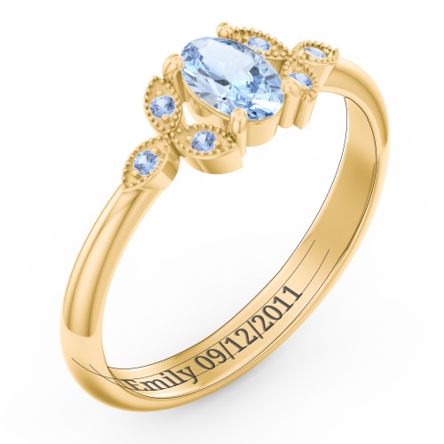 Oval Birthstone Ring With Petal Accents – 18K Gold Plated Silver with Aquamarine and Fancy Blue Premium Zirconia