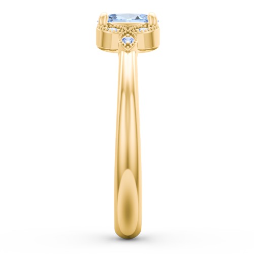 Oval Birthstone Ring With Petal Accents – 18K Gold Plated Silver with Aquamarine and Fancy Blue Premium Zirconia
