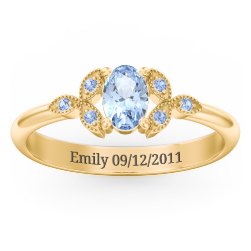 Oval Birthstone Ring With Petal Accents – 18K Gold Plated Silver with Aquamarine and Fancy Blue Premium Zirconia