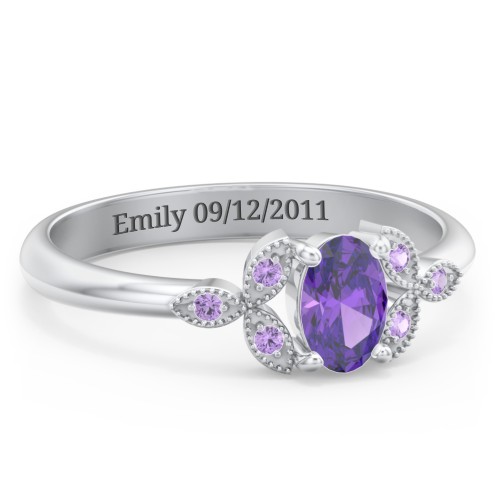 Oval Birthstone Ring With Petal Accents