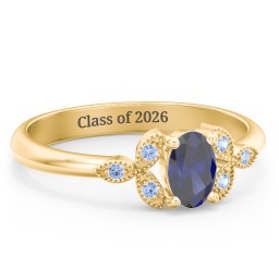 Oval Birthstone Ring With Petal Accents in 18K Gold Plated Silver with Blue Sapphire and Fancy Blue Premium Zirconia