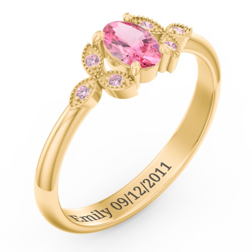 Oval Birthstone Ring With Petal Accents – 18K Gold Plated Silver with Pink Tourmaline and Fancy Pink Premium Zirconia