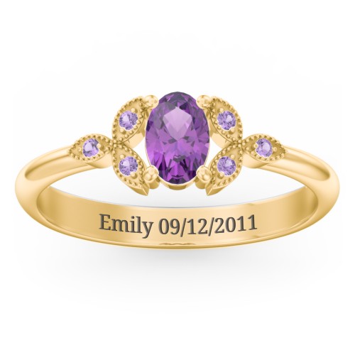 Oval Birthstone Ring With Petal Accents – 18K Gold Plated Silver with Amethyst and Amethyst Premium Zirconia