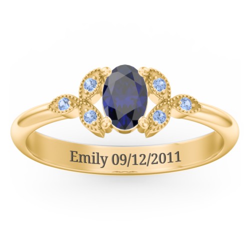 Oval Birthstone Ring With Petal Accents – 18K Gold Plated Silver with Blue Sapphire and Fancy Blue Premium Zirconia