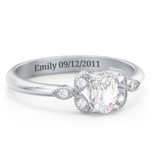 Oval Birthstone Ring With Petal Accents – Sterling Silver with Cubic Zirconia and White Premium Zirconia