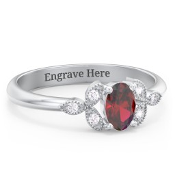 Oval Birthstone Ring With Petal Accents in 10K Solid White Gold with Garnet and White Premium Zirconia