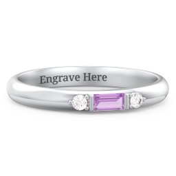 Stackable East-West Baguette Ring with Accents in 925 Sterling Silver with Amethyst and White Premium Zirconia