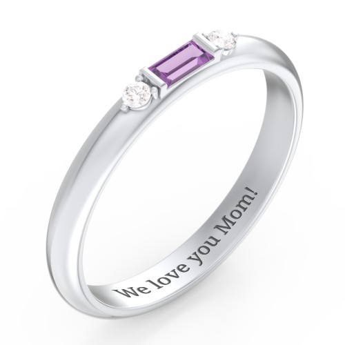 Stackable East-West Baguette Ring with Accents – Sterling Silver with Amethyst and White Premium Zirconia