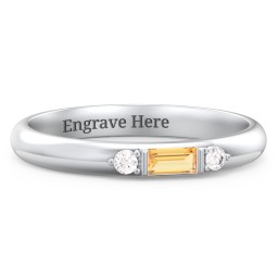 Stackable East-West Baguette Ring with Accents in 925 Sterling Silver with Citrine and White Premium Zirconia